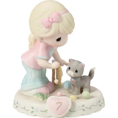 Precious Moments Blonde Birthday Girl Playing With Kitten Age 7 Figurine 4.8 Inch In Pink