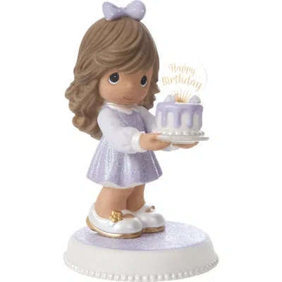 Precious Moments Dark Haired Brunette Girl Holding A Birthday Cake Figurine 5.69 Inch In Purple
