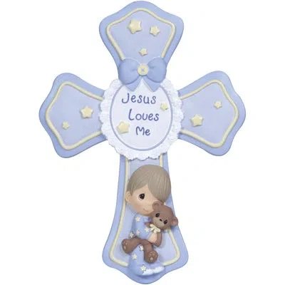 Precious Moments Jesus Loves Me Boy Holding A Teddy Cross Figurine 7.28 Inch In Blue