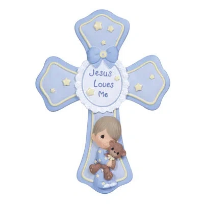 Precious Moments Jesus Loves Me Boy Holding A Teddy Cross Figurine 7.28 Inch In Blue