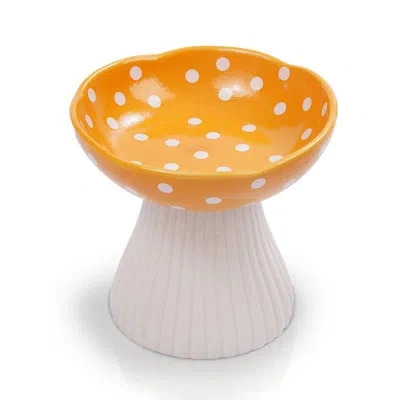 Precious Tails P.t. Supply Co. Mushroom Shaped Yellow Stoneware Elevated Pet Bowl, Raised Ceramic Food & Water Dish In Orange