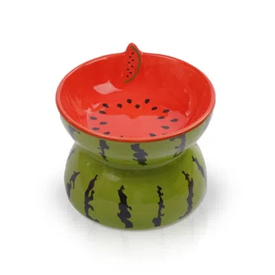 Precious Tails P.t. Supply Co. Watermelon Shaped Stoneware Elevated Pet Bowl, Raised Ceramic Food & Water Dish For  In Red