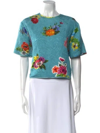 Pre-owned Preen By Thornton Bregazzi Floral Print Crew Neck Crop Top In Blue