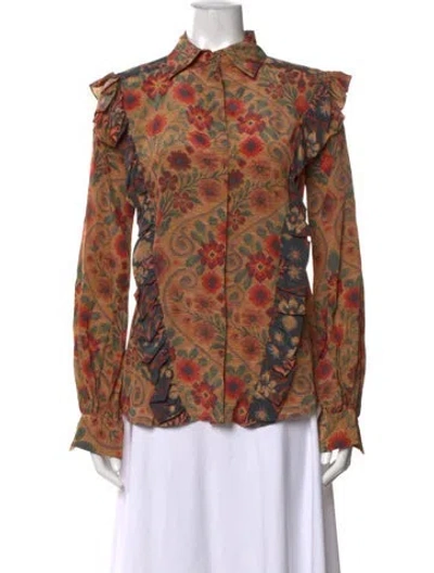Pre-owned Preen By Thornton Bregazzi Floral Print Long Sleeve Blouse In Brown