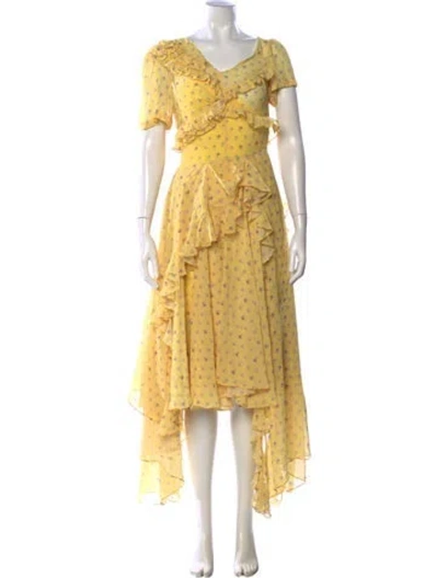 Pre-owned Preen By Thornton Bregazzi Floral Print Midi Length Dress In Yellow