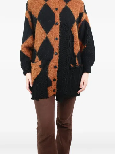 Pre-owned Preen By Thornton Bregazzi Patchwork Diamond-print Cardigan In Brown