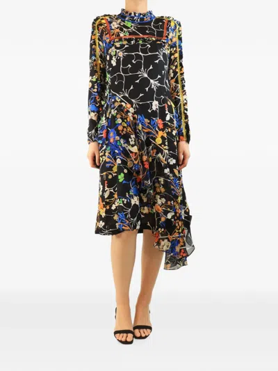 Pre-owned Preen By Thornton Bregazzi X Thornton Bregazzi Floral-print Asymmetric Midi Dress In Black