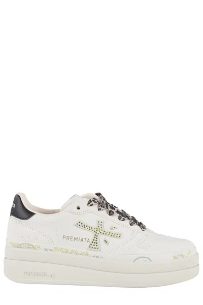 Premiata Animal Print Laces Ivory Leather And Suede Sneakers