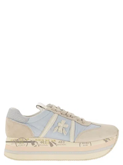 Premiata Beth Sneakers In Beige Suede And Fabric In White/light Blue