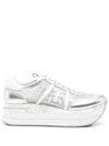 Premiata Low Top Leather Sneakers With Metallic Accents In Silver