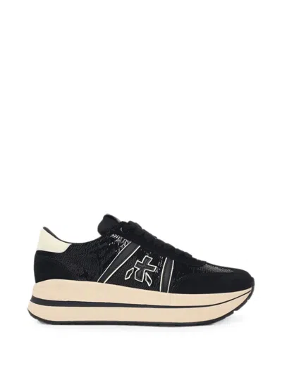 Premiata Grey Fabric Blend Sneakers With Sequin Texture And Suede Accents In Pattern