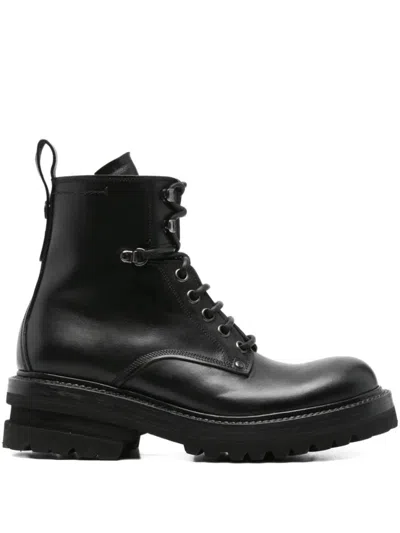 Premiata Black Elba Leather Military Boots In Animal Print