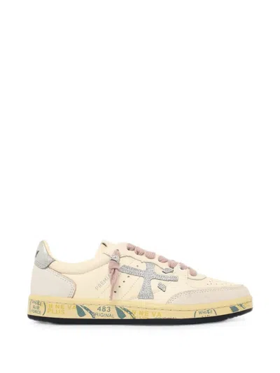 Premiata Ivory White Leather Sneakers With Glitter Side Insert And Logo Detail In Pattern