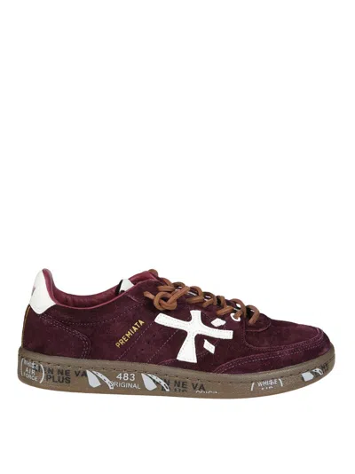 Premiata Burgundy Suede Sneakers With Graphic Text Accents In Black