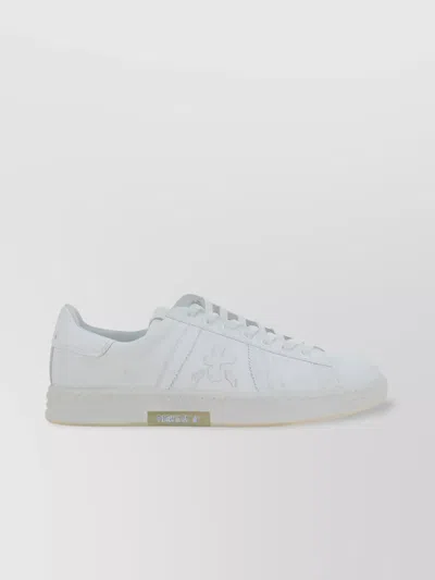 Premiata Calfskin Flat Sole Perforated Round Toe Sneakers In White