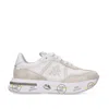 Premiata Cassie Sneakers In Light Gray Suede And White Fabric And Sequins In Grey