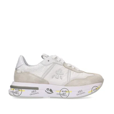 Premiata Cassie Sneakers In Light Gray Suede And White Fabric And Sequins In Grey