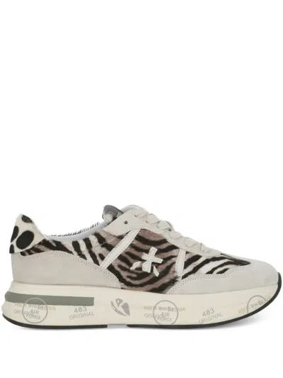Premiata Nude Ponyhair Low-top Sneakers With Suede Inserts In White