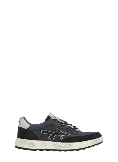 Premiata Dark Blue Nous 7726 Suede Leather-blend Low-top Sneakers In Animal Print