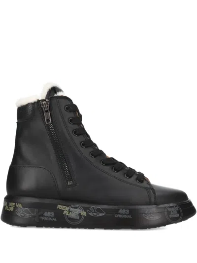 Premiata Edith Fur-trim Sneakers In Black