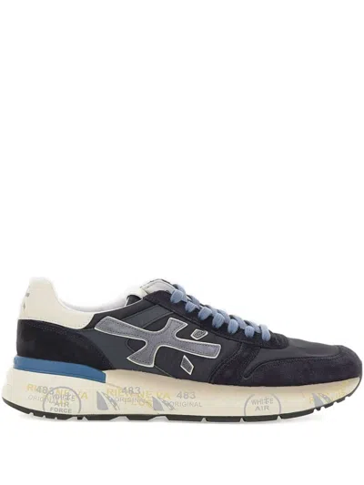 Premiata Dark Base Sneakers With Light Blue Laces And Cream Heel Accent In Multi