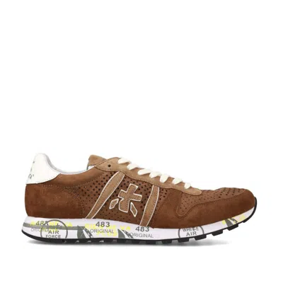 Premiata Eric Sneakers In Perforated Brown Suede And Beige Suede Inserts