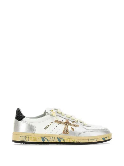 Premiata Glitter Leather Sneakers In Silver