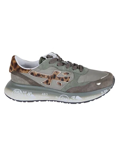 PREMIATA GREEN TECHNICAL FABRIC AND SUEDE SNEAKERS WITH LEOPARD-PRINT DETAILS