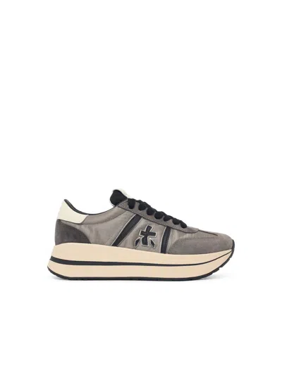 Premiata Grey Fabric Blend Low-top Sneakers With Smooth Leather Logo In Multi