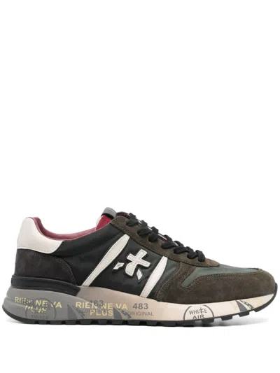 Premiata Lander Sneakers In Green Suede And Fabric In Brown
