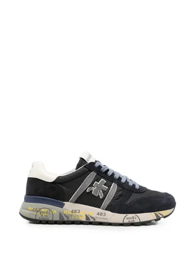 Premiata Lander Low-top Sneakers In Suede And Nylon With Serrated Sole In Blue