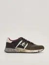 Premiata Lander Sneakers In Green Suede And Fabric In Fango