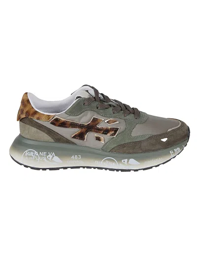 Premiata Green Technical Fabric And Suede Sneakers With Leopard-print Details In Animal Print