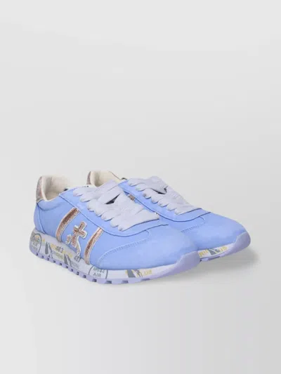 Premiata Leather And Nylon Sneakers With Metallic Accents In Blue