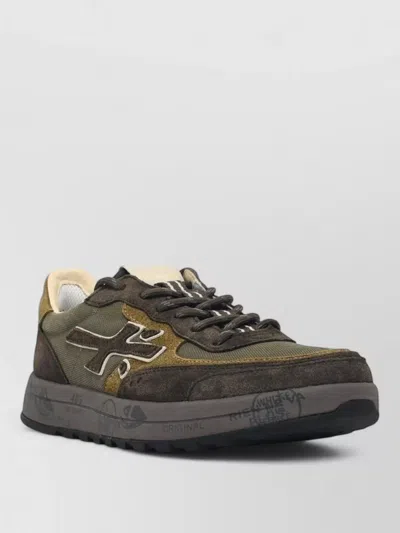 Premiata Nous Green Leather Blend Sneakers In Animal Print