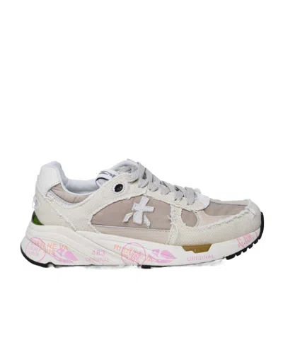 Premiata Mased Beige Leather And Nylon Sneakers