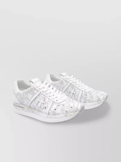 Premiata Low Top Leather Sneakers With Embroidered Round Toe In White