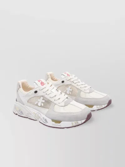 Premiata Low Top Leather Sneakers With Mesh Panels In Neutral