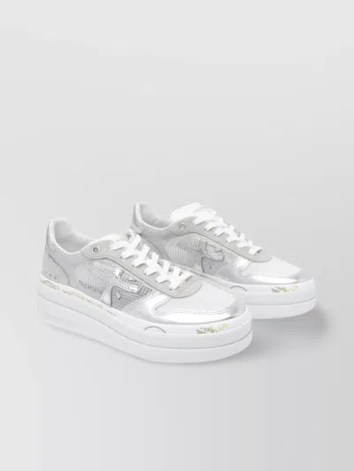 Premiata Low Top Leather Trainers With Metallic Accents In White