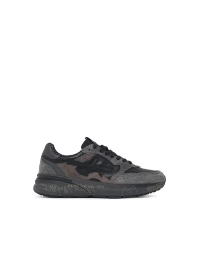 Premiata Low-top Black Leather Sneakers With Suede Inserts And Reflective Details In Multi