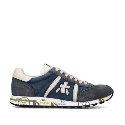 Premiata Lander Sneaker Made Of Suede And Blue Technical Fabric In Grey