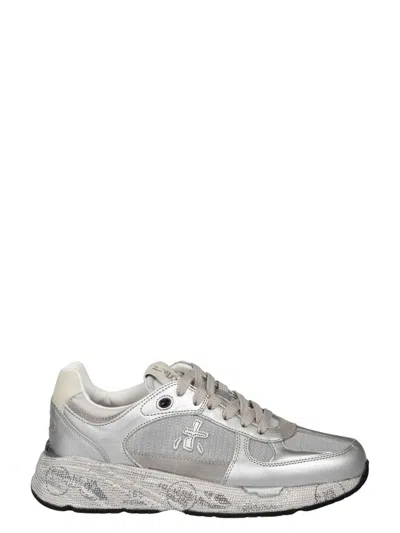 Premiata Round Toe Metallic Finish Sneakers In White