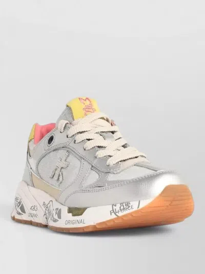 Premiata Mased Leather Sneakers Contrast Sole Detail In Gray