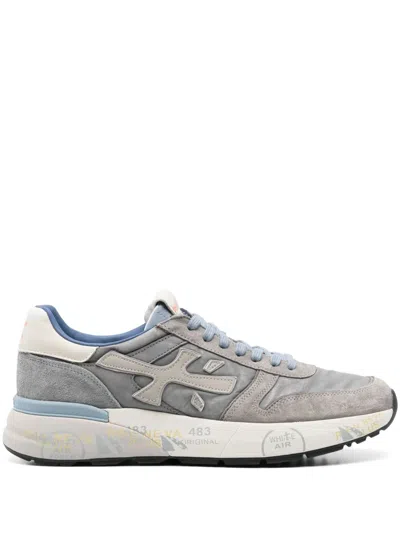 Premiata Gray And Blue Mick Iconic Side Design Leather Sneakers