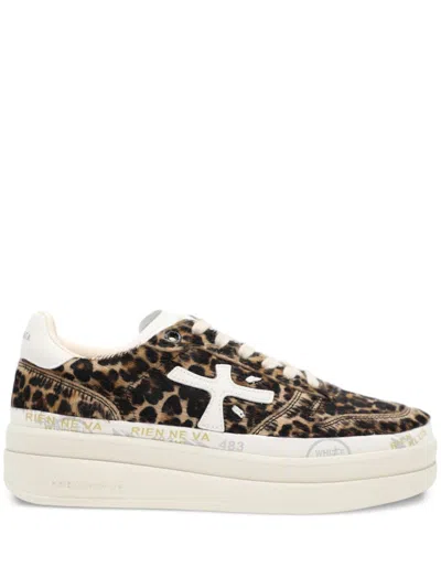 Premiata Micol Leopard Print Chunky Sole Calf Leather Sneakers In Brown