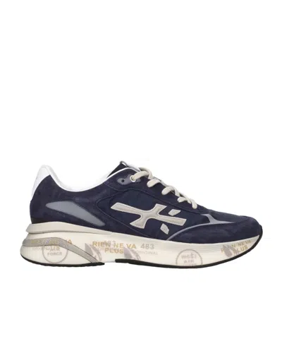 Premiata Blue Suede And Technical Fabric Sneakers With Embossed Logo