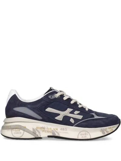 Premiata Blue Suede And Technical Fabric Sneakers With Embossed Logo