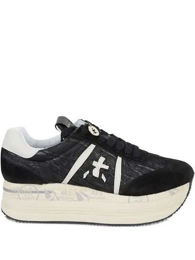 Premiata Chunky Black Leather Sneakers With Cream Sole And Gold Charm
