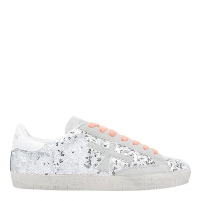 Premiata Glitter Sequin Low Top Sneakers In Silver