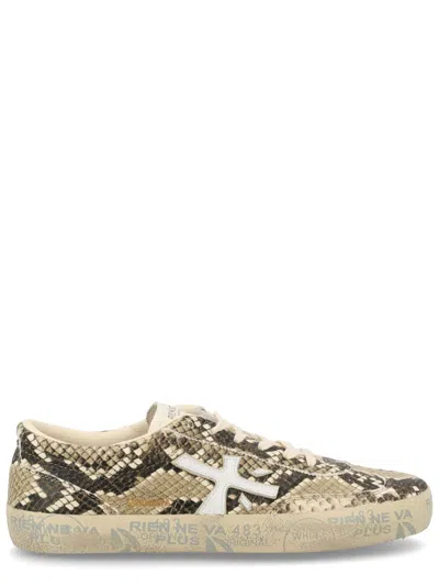Premiata Davidd Beige Snakeskin Textured Sneakers In Brown